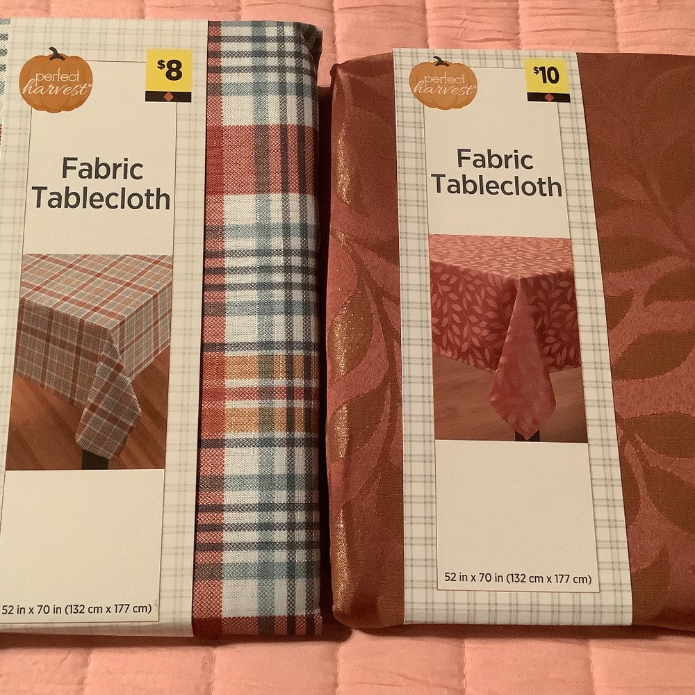 NWT 2 fabric tablecloths 52 x 70 inch.plaid & brown/ rust color